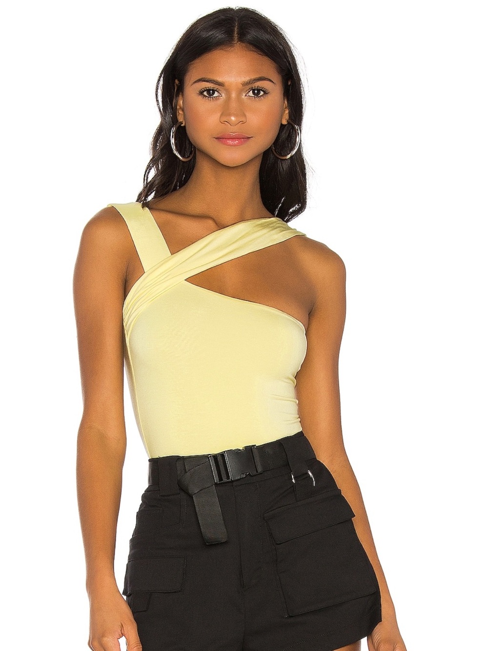 Revolve Yellow Bodysuit, cross neck, asymmetrical